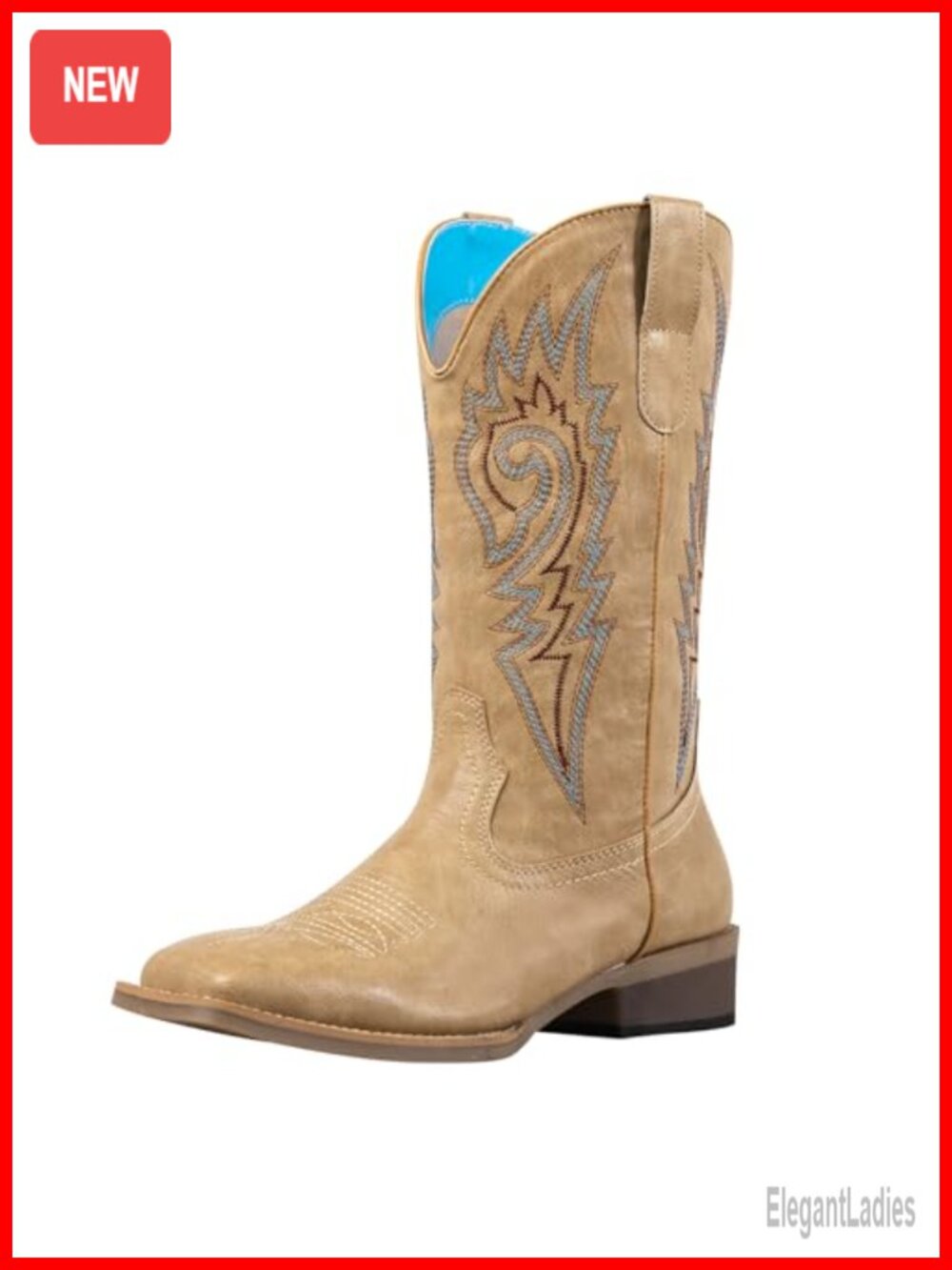 Faux Leather Square Toe Western Cowboy Boots Wide Calf Mid-Calf Embroidered